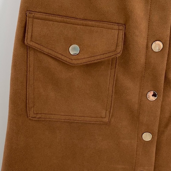 Philosophy Republic Faux Vegan Suede Camel Tan Snap Front Pockets Mini Skirt - Picture 2 of 10
